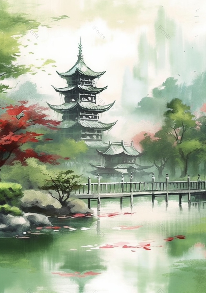绿色中国风插画古典房屋楼阁背景,插画/手绘图,插画/手绘图库,插画/手绘图下载,插画/手绘